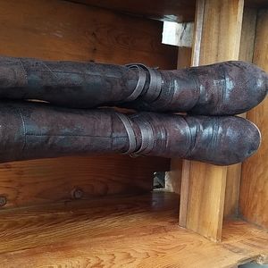 Brown knee high wedge boots. Textured suede Size 8. Stretch at the top.